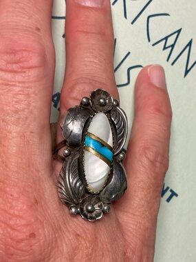 Native American Sterling Inlay Ring Turquoise, Mother of Pearl, Signed BB